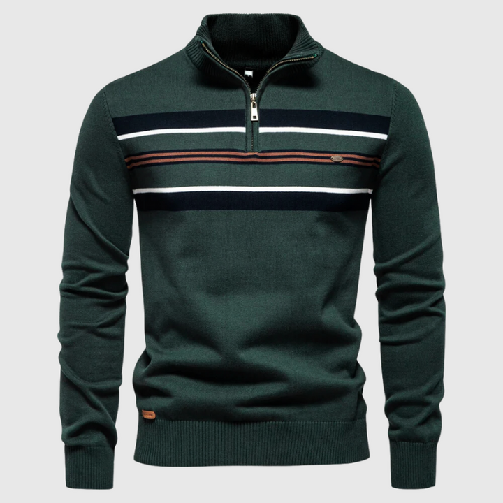 Men's striped quarter zip sweater. Versatile long sleeve top for smart casual fashion & everyday comfort.