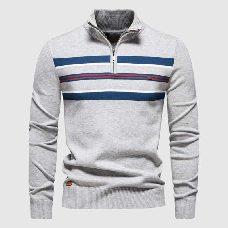 Stylish men's quarter zip sweater with classic stripes. Perfect autumn & winter layering piece for casual wear.