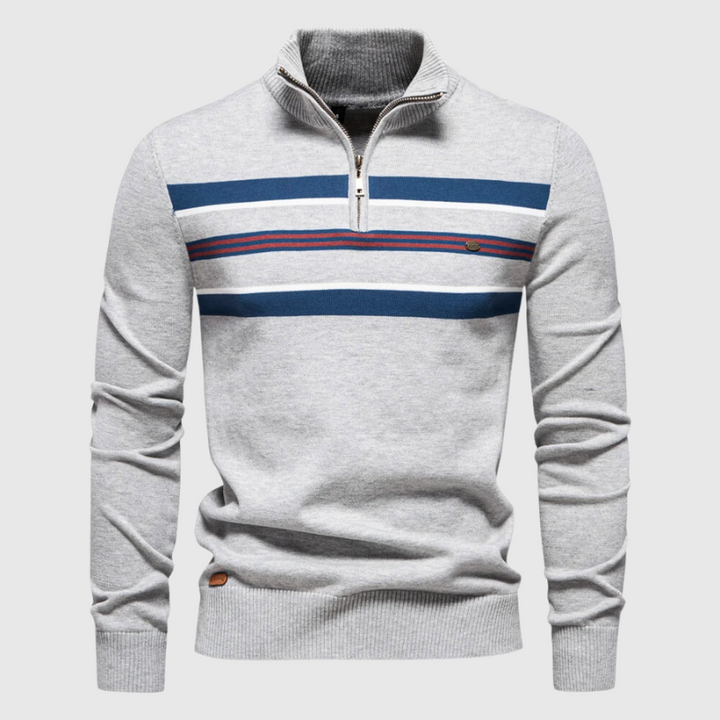 Stylish men's quarter zip sweater with classic stripes. Perfect autumn & winter layering piece for casual wear.