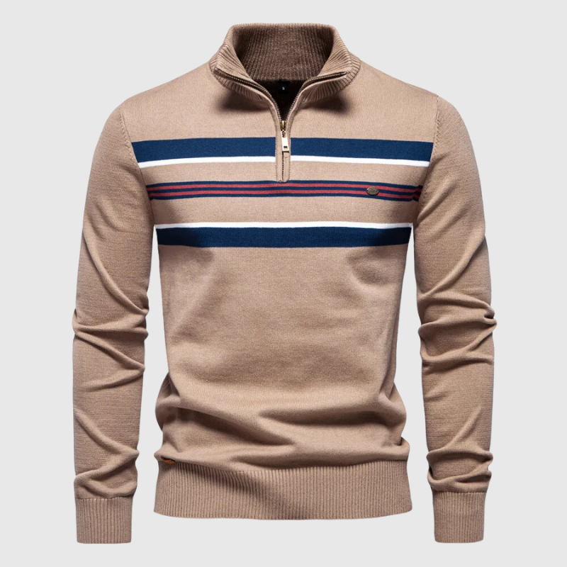 Comfortable men's striped quarter zip sweater with a mock neck. Great for versatile smart casual & daily outfits.