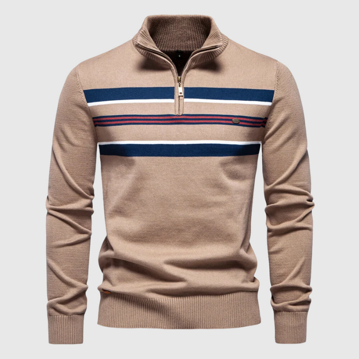 Comfortable men's striped quarter zip sweater with a mock neck. Great for versatile smart casual & daily outfits.