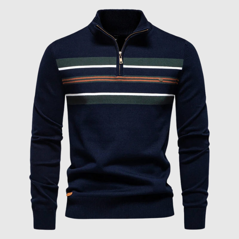 Fashionable men's long sleeve striped quarter zip sweater. A cozy and versatile top for autumn and winter style.