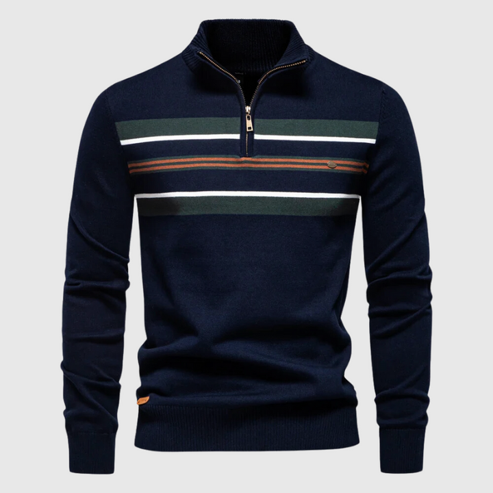 Fashionable men's long sleeve striped quarter zip sweater. A cozy and versatile top for autumn and winter style.
