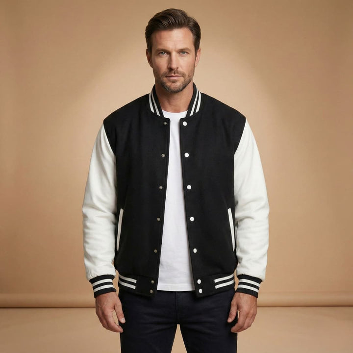 Versatile men's bomber jacket featuring a snap front closure, convenient pockets, and ribbed trim for a sleek look.