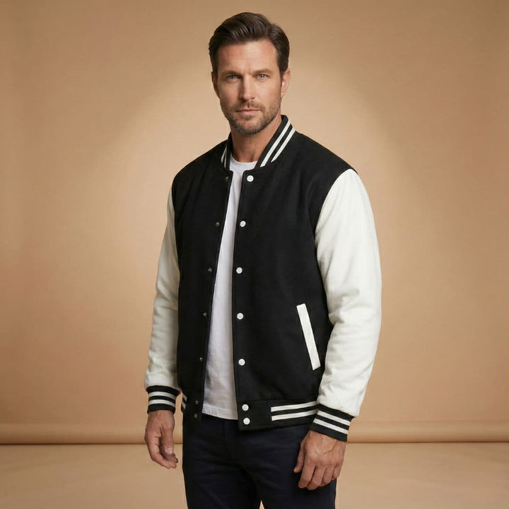 Sleek men's outerwear bomber jacket designed with a secure snap closure and ample pockets for everyday style.