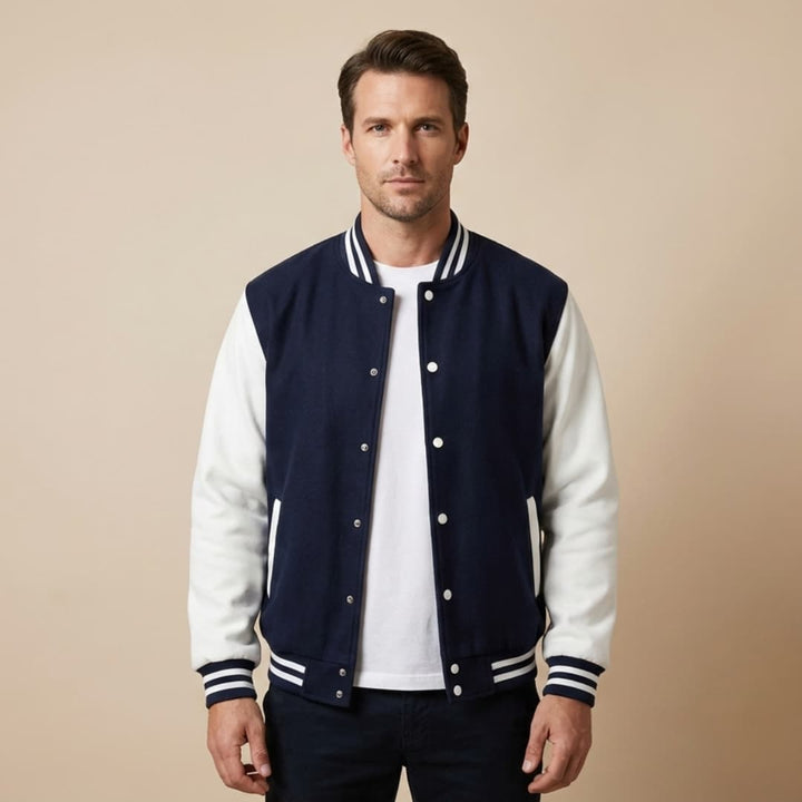 Classic men's bomber jacket, a stylish casual outerwear choice, featuring a snap button front and useful pockets.