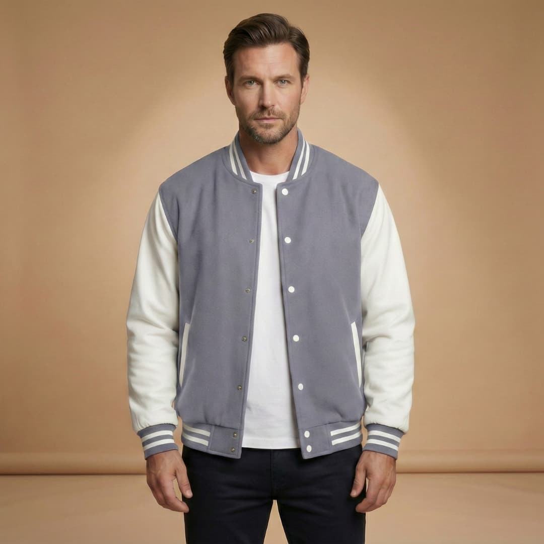 High-quality men's bomber jacket with a snap closure, ribbed cuffs & hem, and functional pockets for a modern look.