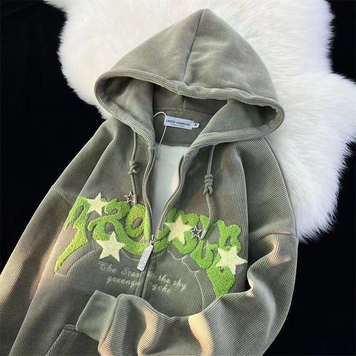 Close-up of intricate embroidery on a comfortable men's pullover hoodie for streetwear style.