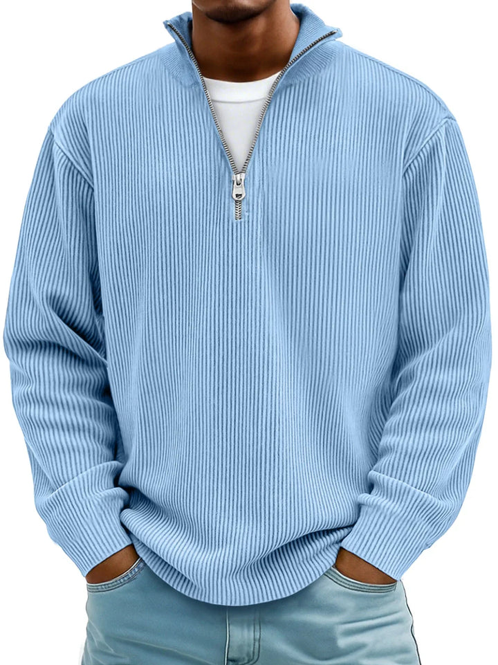 Comfortable men's half-zip pullover sweater with a soft ribbed texture, ideal for daily style.