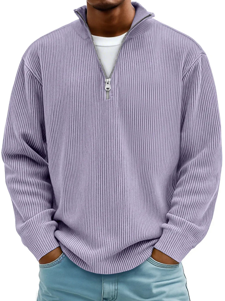 Versatile men's long sleeve half-zip ribbed sweater, perfect for warmth and casual fashion.