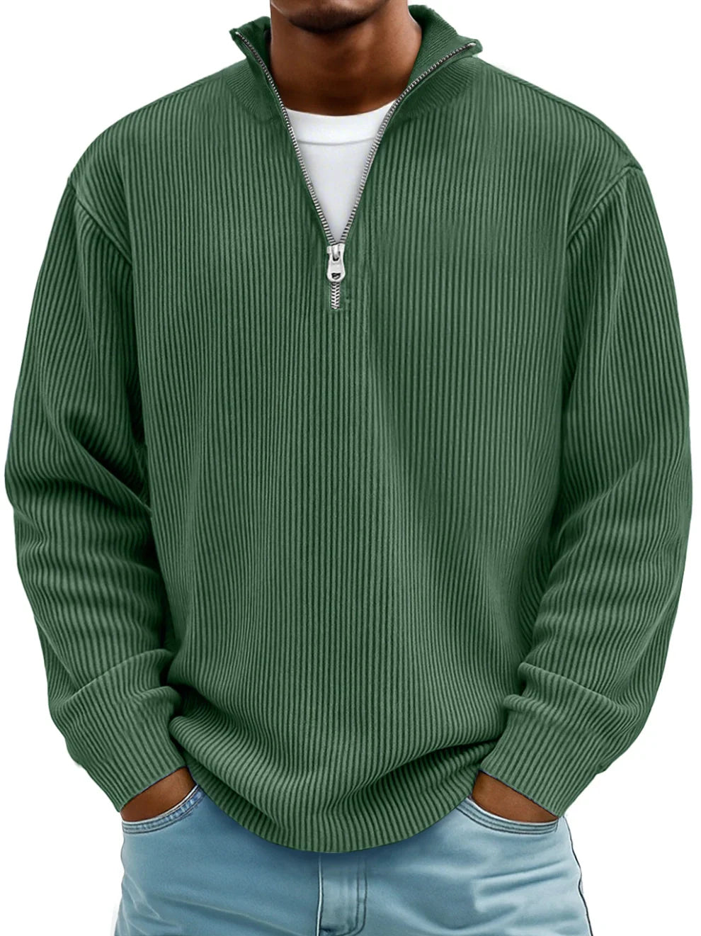 Modern men's ribbed half-zip sweater in a classic color, great for everyday stylish comfort.