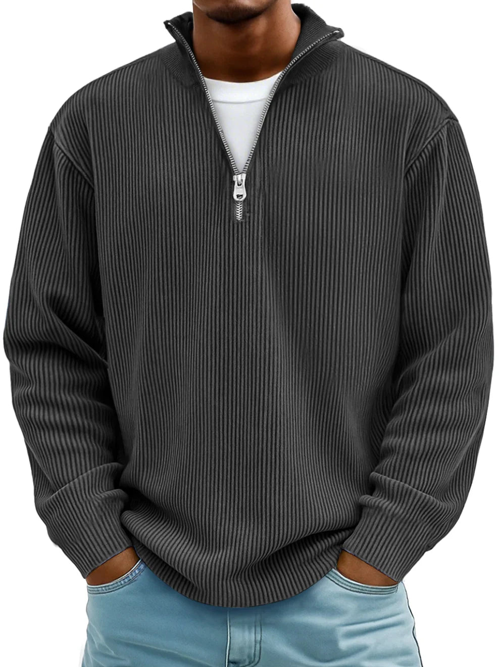 Casual men's half-zip sweater featuring a distinct ribbed knit, suitable for easy layering.