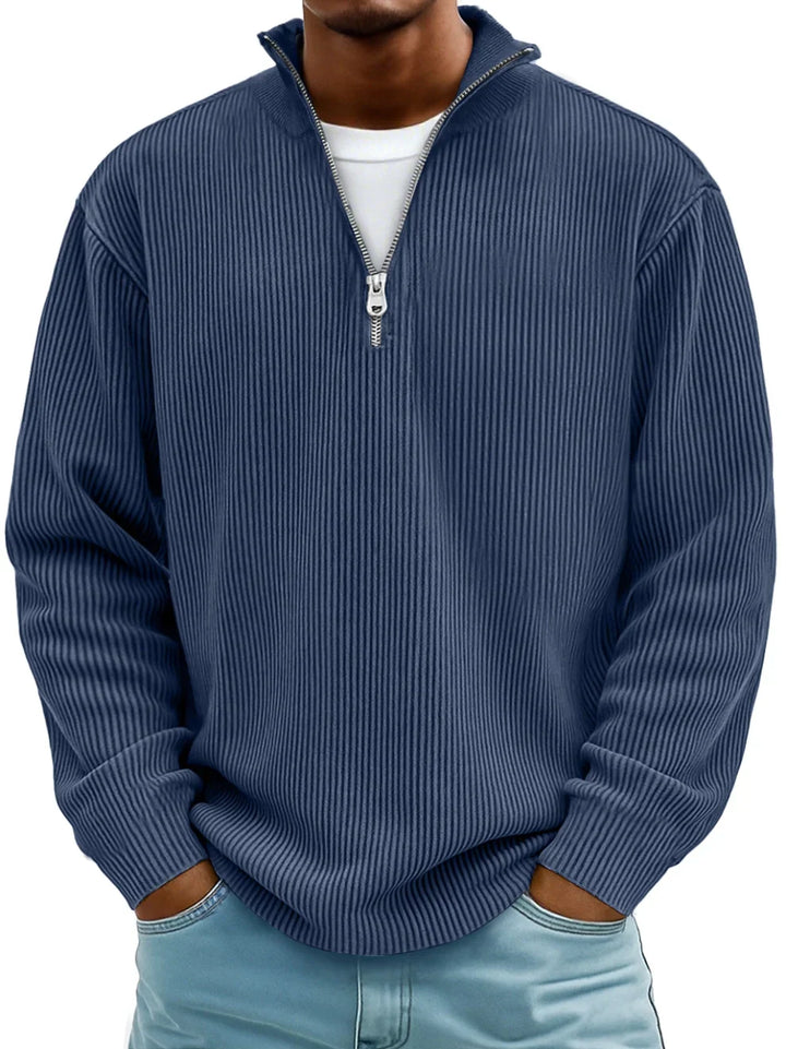 Fashionable men's ribbed half-zip long sleeve sweater, offering both warmth and modern appeal.