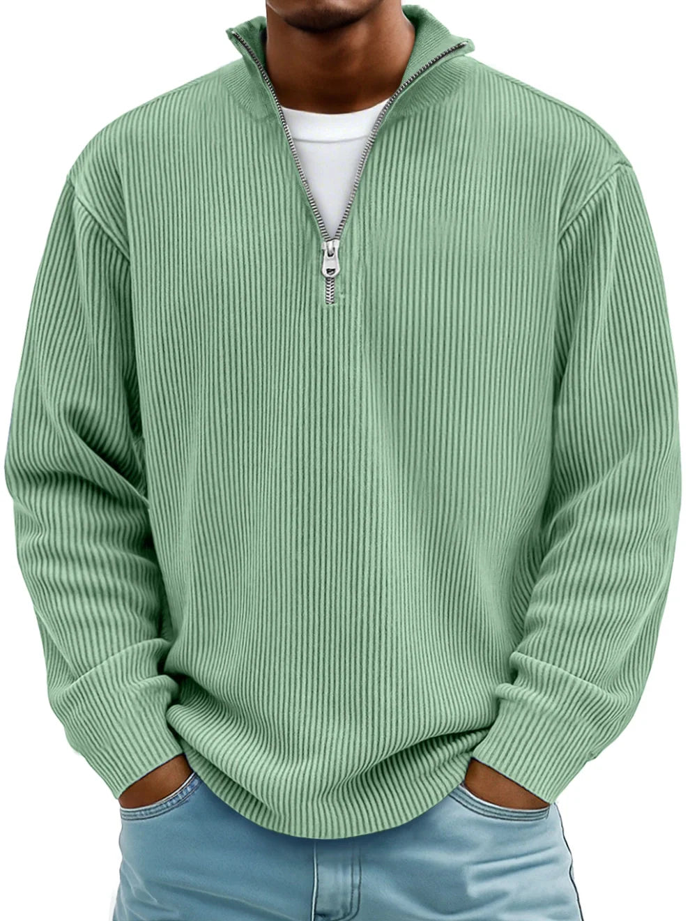 Close-up of a men's half-zip ribbed sweater, highlighting the quality knit and casual fit.