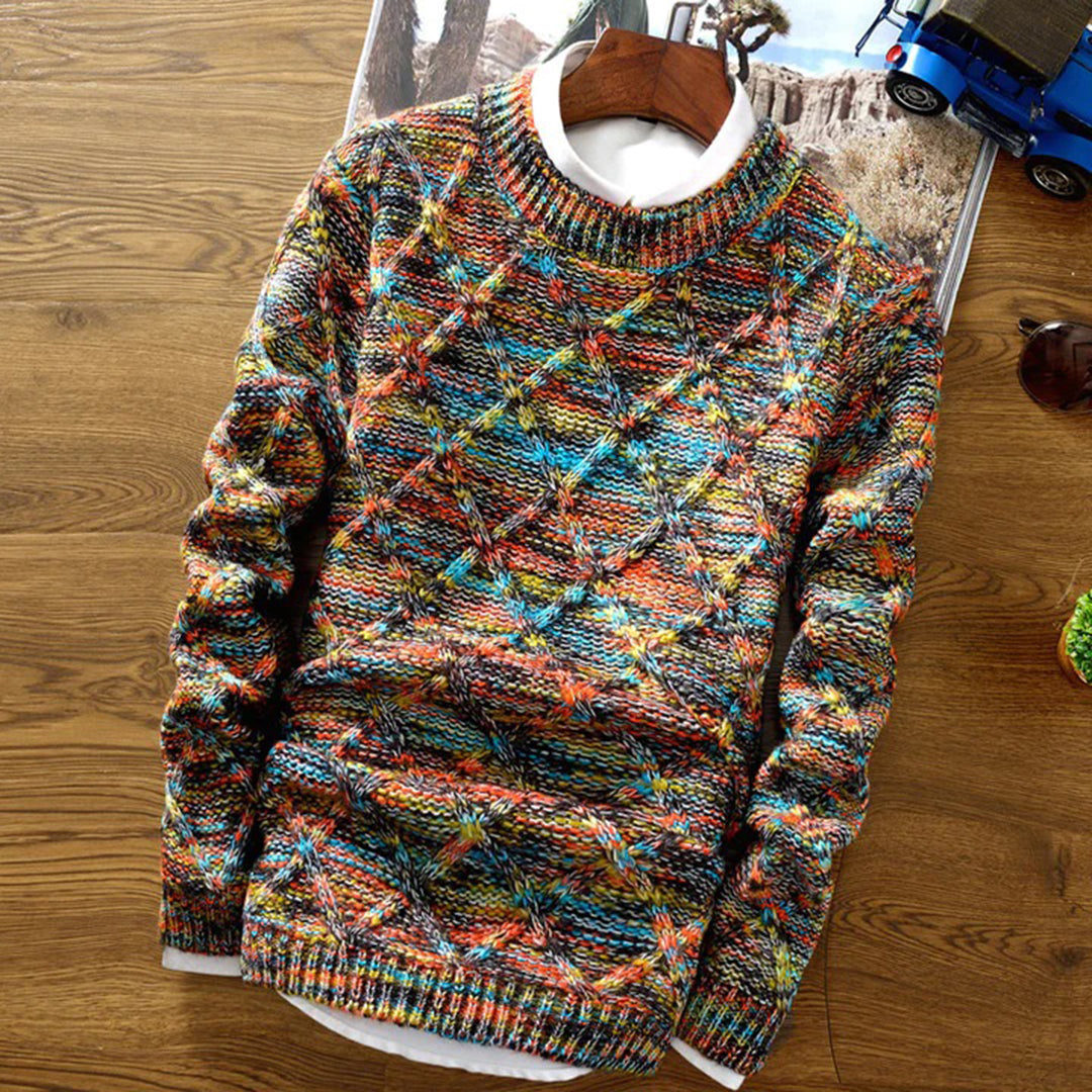 Men's stylish knit crew neck sweater with diamond pattern for casual autumn and winter outfits.