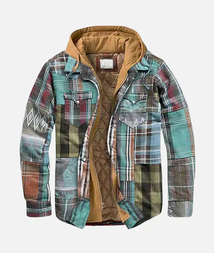 Men's stylish patchwork check pattern gilet, perfect for versatile layering & casual urban fashion. Unique design vest.
