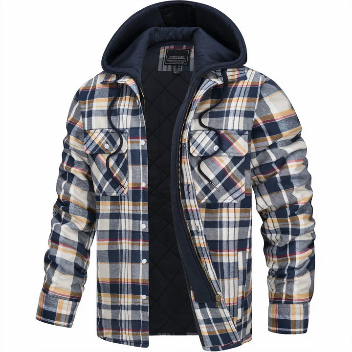 Men's stylish plaid bomber jacket with a hood, perfect for casual fall & spring outerwear.