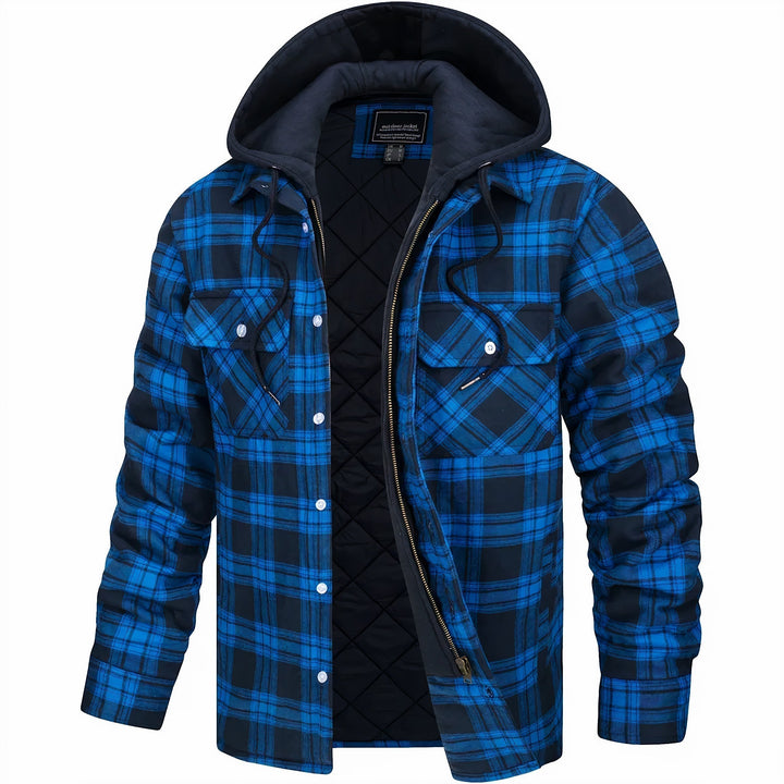 Warm men's checkered plaid hooded bomber jacket, ideal for layering and cool weather.