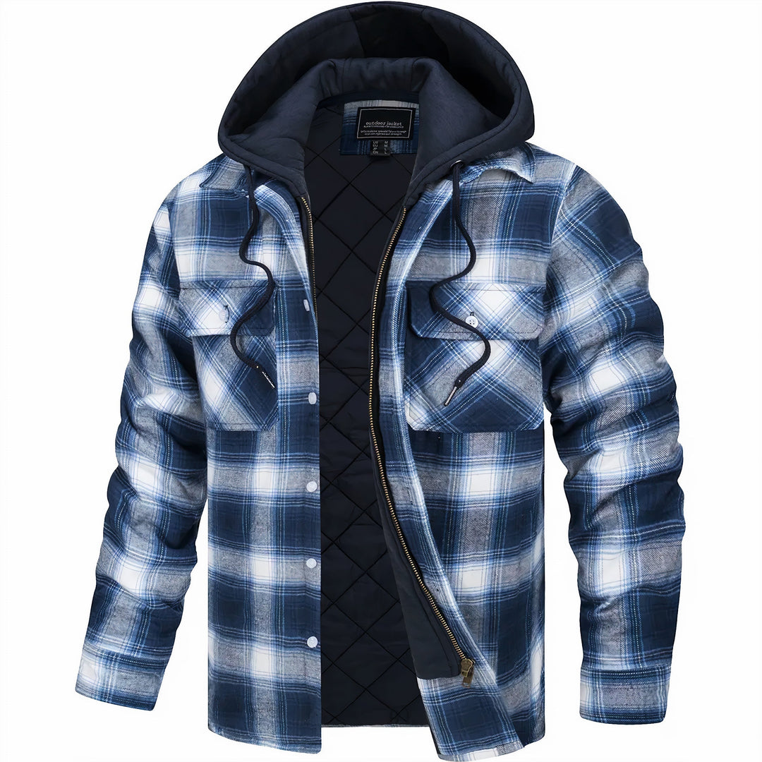 Casual men's hooded plaid bomber jacket with buttons, a versatile layering piece for men's fashion.