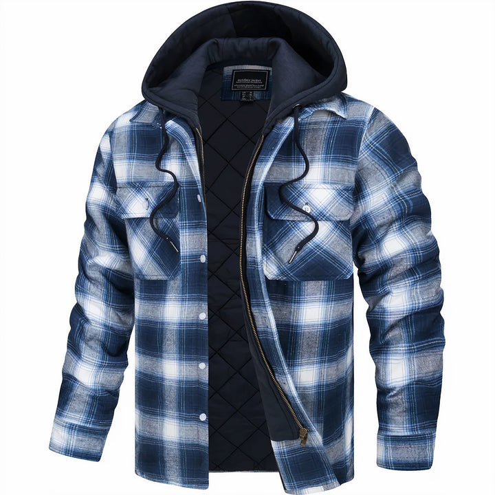 Casual men's hooded plaid bomber jacket with buttons, a versatile layering piece for men's fashion.