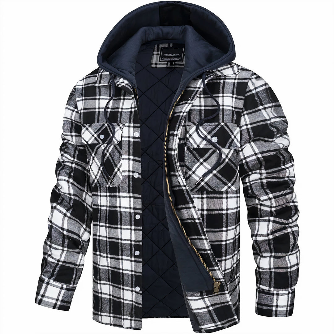 Stylish men's fall/spring plaid bomber jacket with a hood, a trendy piece of outerwear.