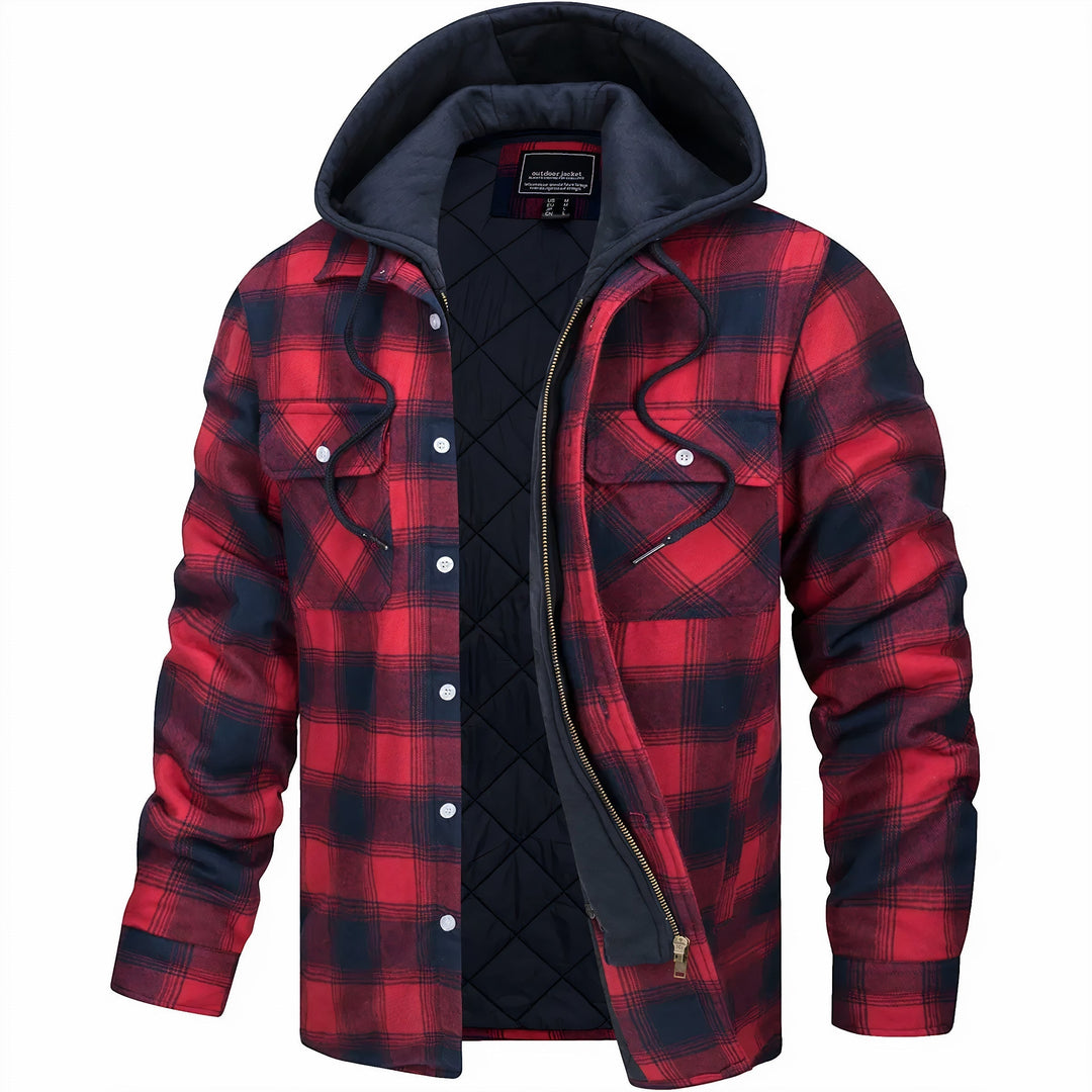 Men's fashion plaid hooded bomber jacket, offering stylish and warm outerwear for various occasions.