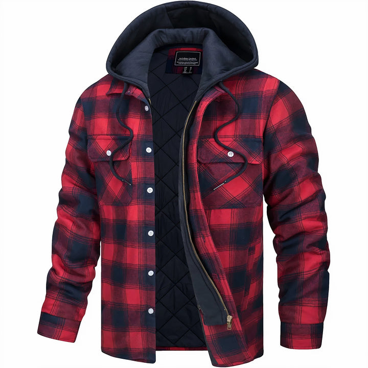 Men's fashion plaid hooded bomber jacket, offering stylish and warm outerwear for various occasions.