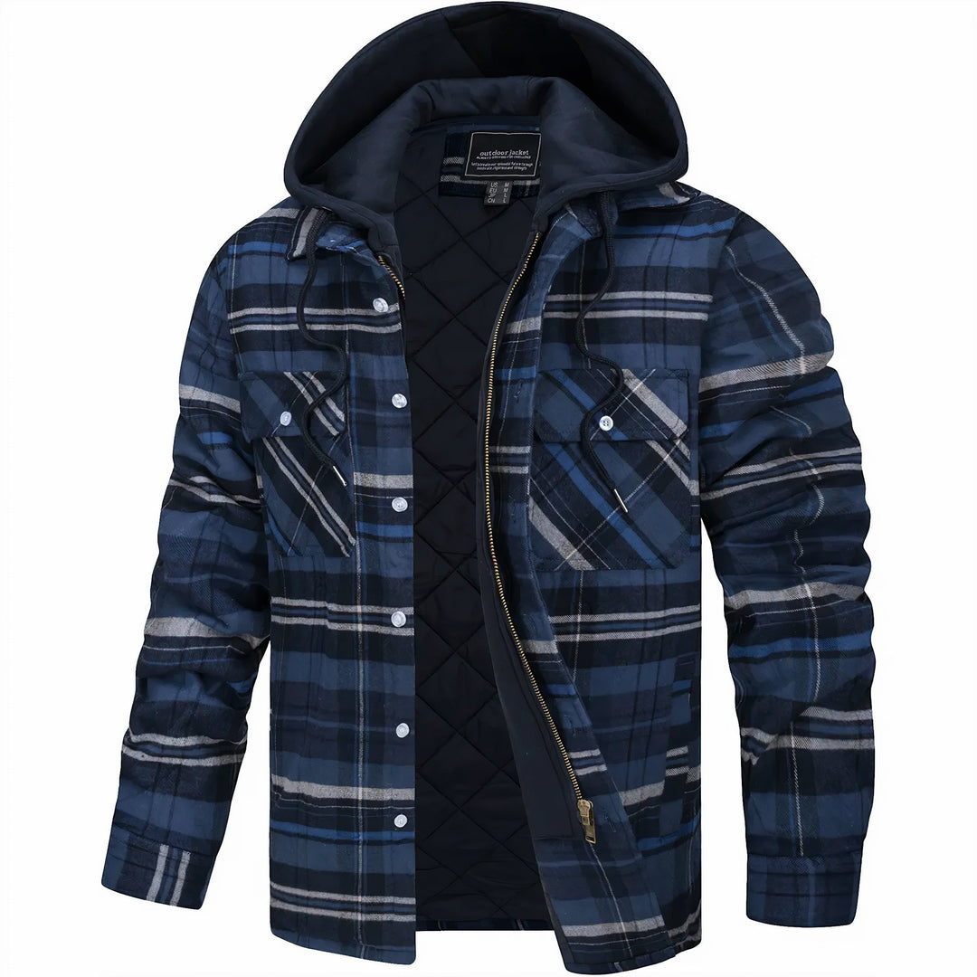 Men's warm plaid hooded bomber jacket, a stylish checkered fall/spring outerwear choice for casual wear.