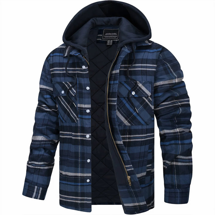 Men's warm plaid hooded bomber jacket, a stylish checkered fall/spring outerwear choice for casual wear.