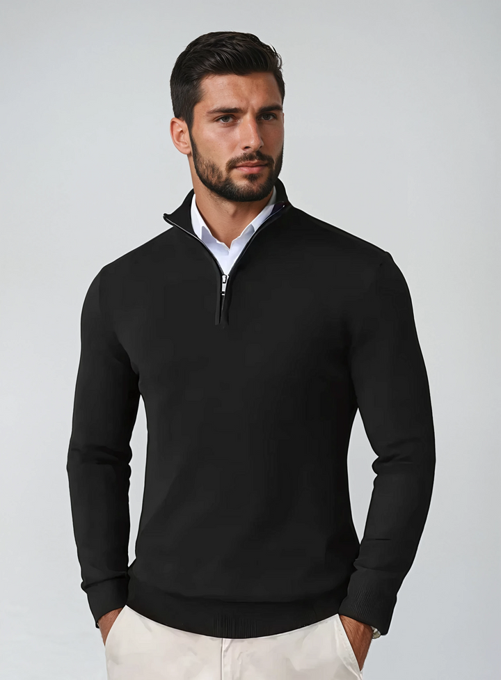 Men's stylish quarter-zip sweater, modern fit, long sleeve pullover for versatile casual or semi-formal wear.