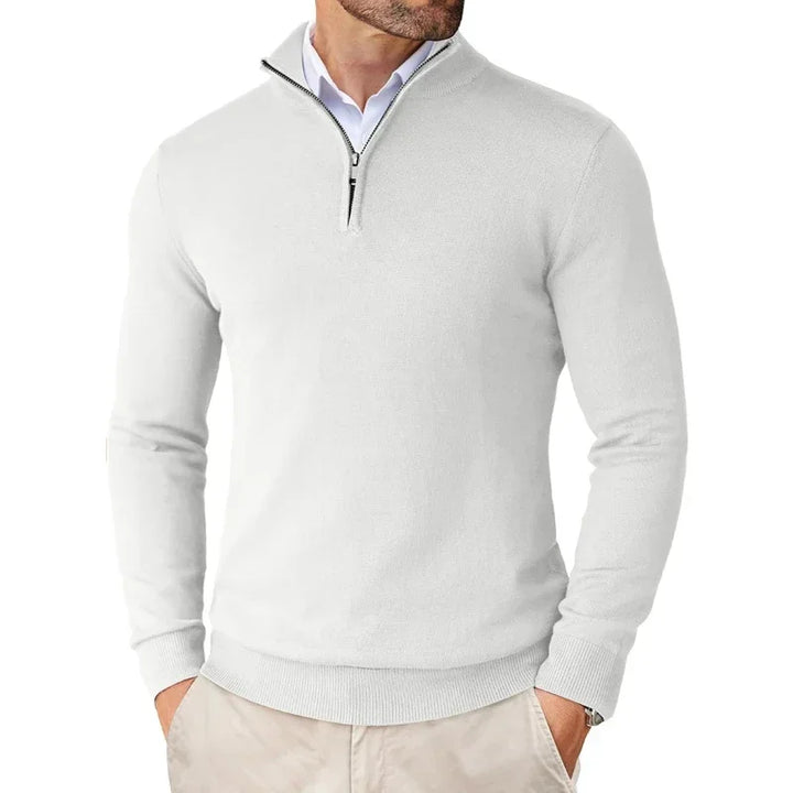 Comfortable men's quarter-zip sweater, soft knit, ideal long sleeve pullover for easy layering in any season.