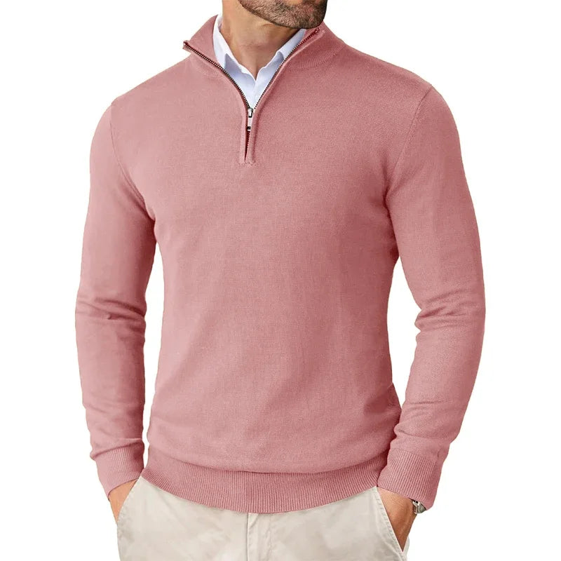 Soft men's quarter-zip sweater with a modern fit, long sleeve pullover for comfortable and stylish wear.