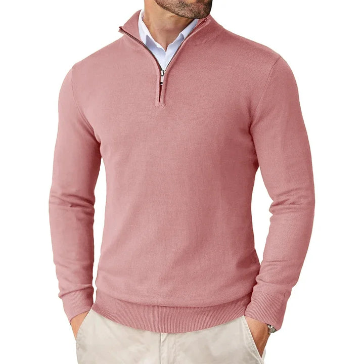 Soft men's quarter-zip sweater with a modern fit, long sleeve pullover for comfortable and stylish wear.