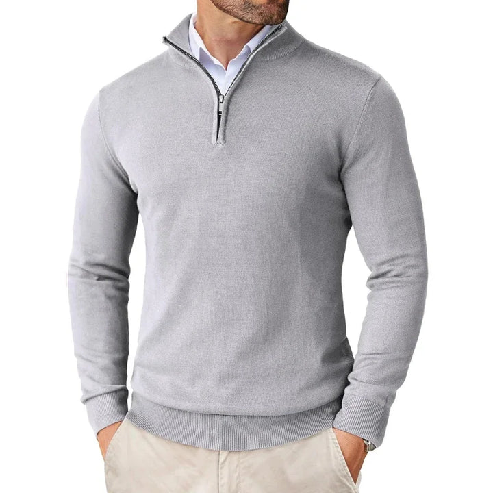 Stylish men's quarter-zip sweater, modern long sleeve pullover, perfect for layering and year-round comfort.