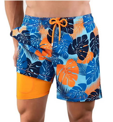 Men's stylish quick-dry swim shorts in blue, perfect for beach & pool. Elastic waist for comfort.