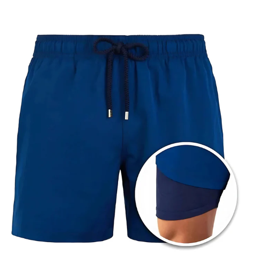 Stack of men's quick-dry swim shorts in various colors. Versatile casual shorts for beach & pool.