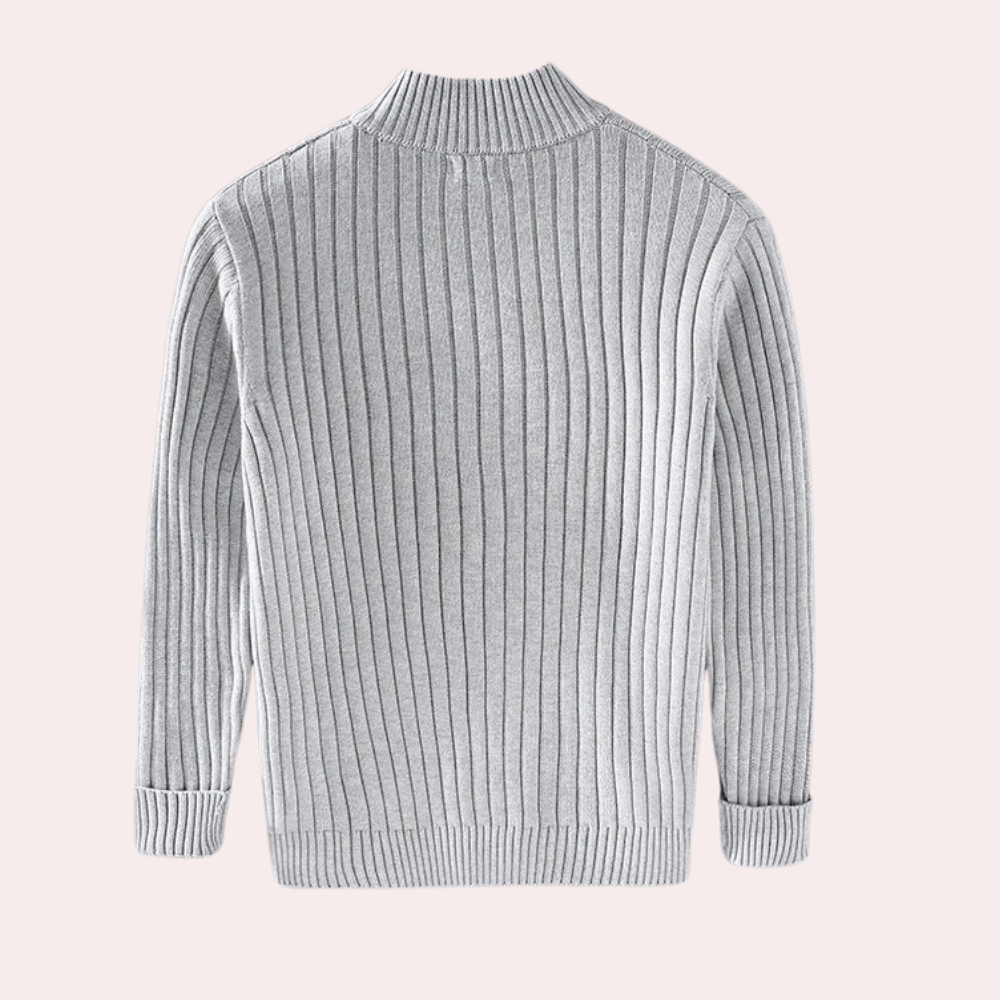 Casual men's ribbed knit jacket, a stylish zip-up with stand collar, perfect for modern layering & comfort.
