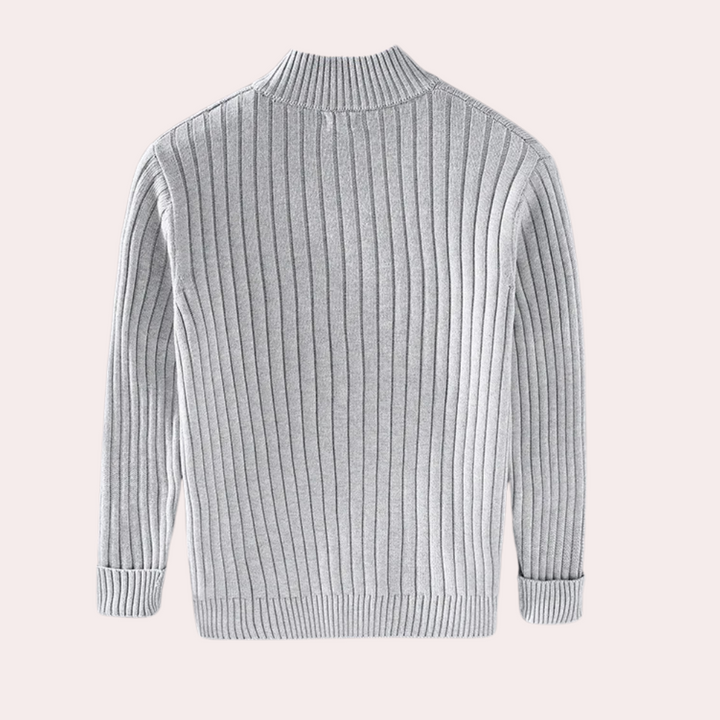 Casual men's ribbed knit jacket, a stylish zip-up with stand collar, perfect for modern layering & comfort.