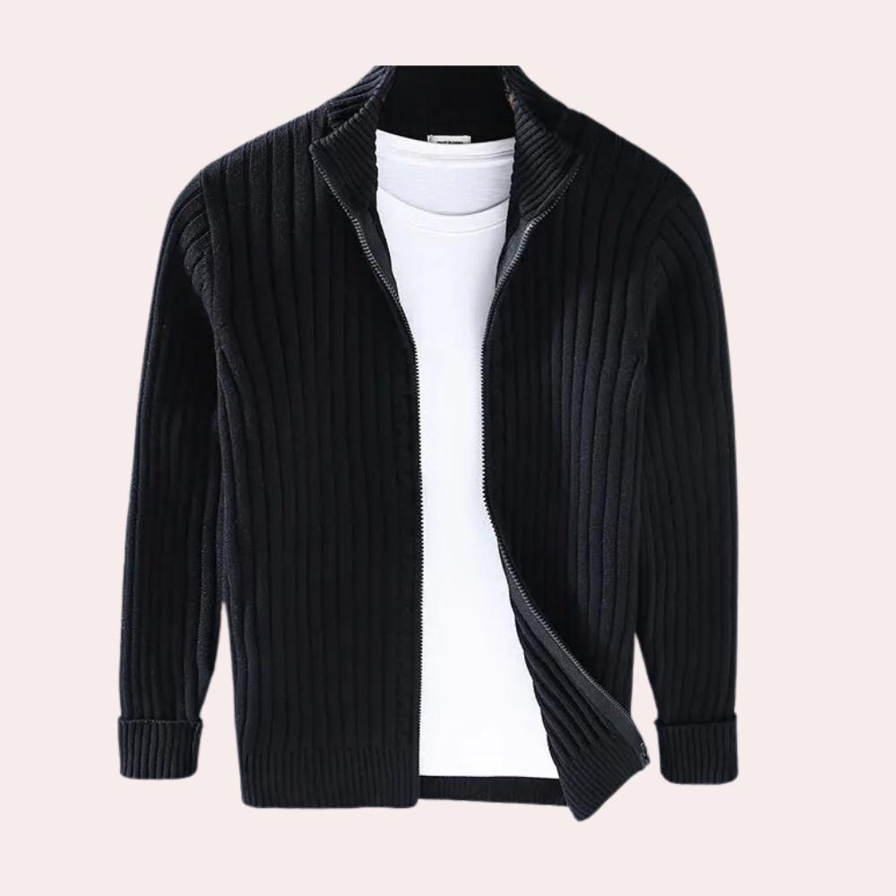 Stylish men's ribbed knit jacket for modern fashion. Zip-up design with stand collar offers everyday comfort.