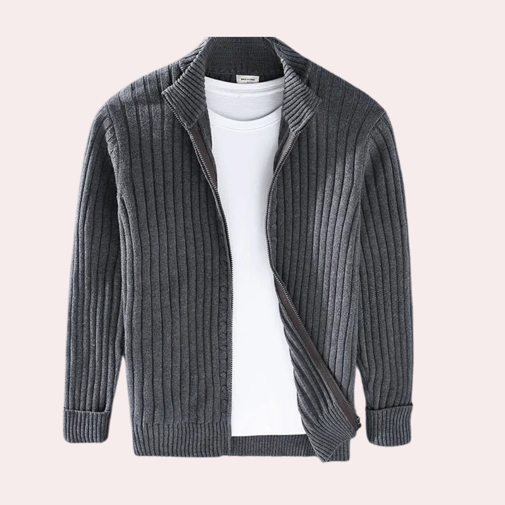 Versatile men's ribbed knit jacket. Modern zip-up, stand collar. Stylish outerwear for comfort & layering.