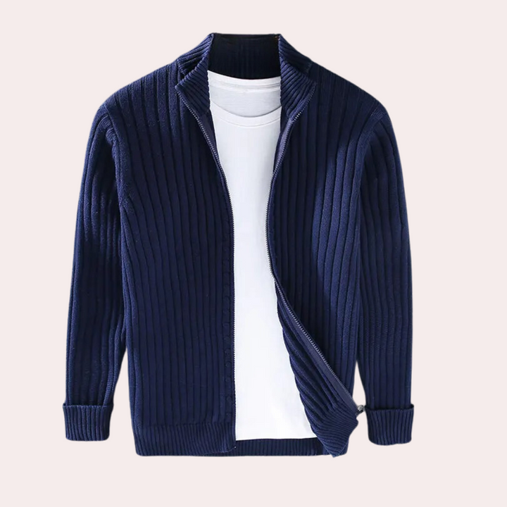 Men's casual ribbed knit zip-up jacket with stand collar, offering modern style and everyday comfort.