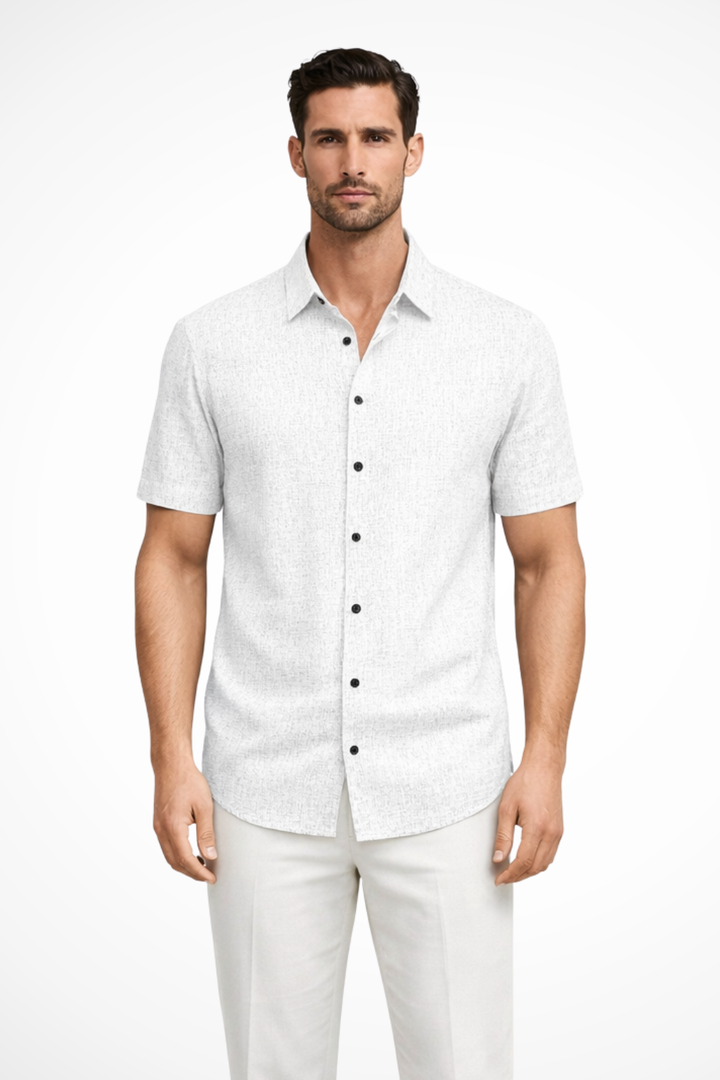 Men's stylish short sleeve button-down summer shirt, perfect for casual warm weather fashion.