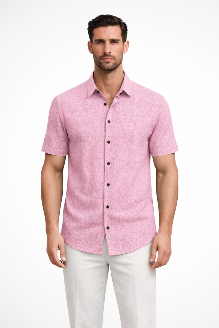 Lightweight men's collared shirt, short sleeves for breathability, ideal for summer and casual events.