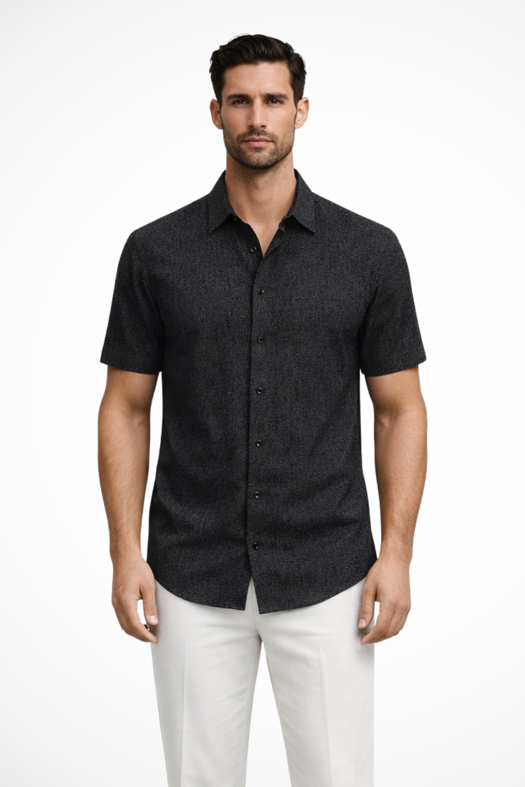 Men's modern short sleeve button-down shirt, perfect for versatile summer outfits and everyday fashion.