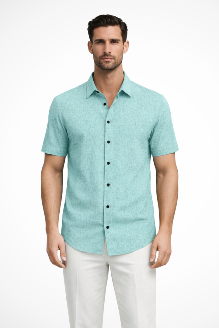 Men's contemporary short sleeve button-down shirt, perfect for a modern, stylish summer ensemble.