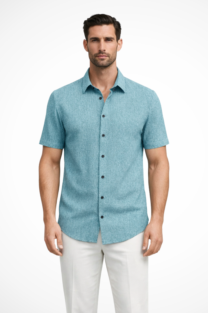Relaxed fit men's button-down shirt, a versatile and stylish choice for warm weather outfits.