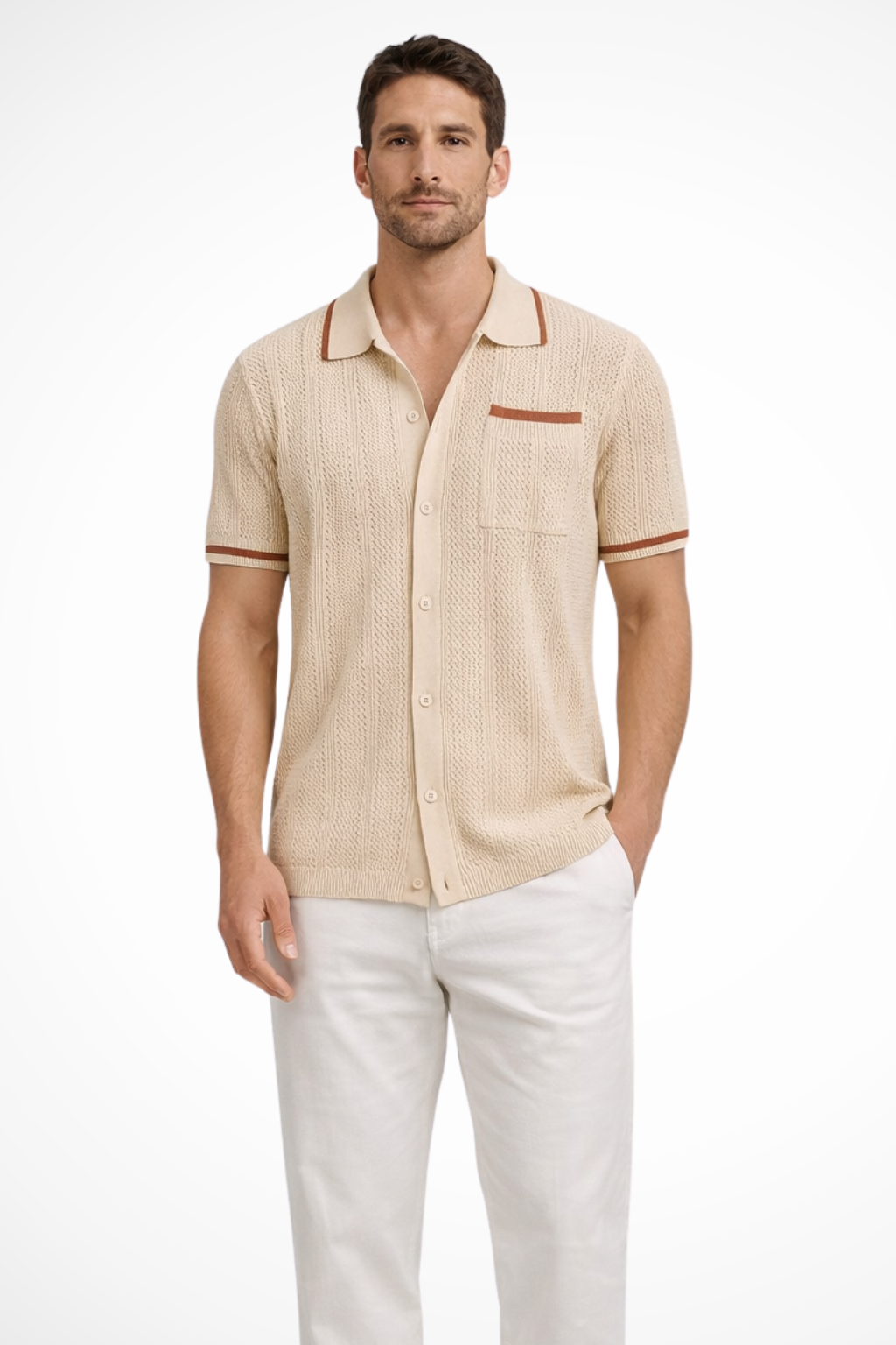 Men's stylish short sleeve button-front shirt with camp collar. Perfect for casual summer fashion.