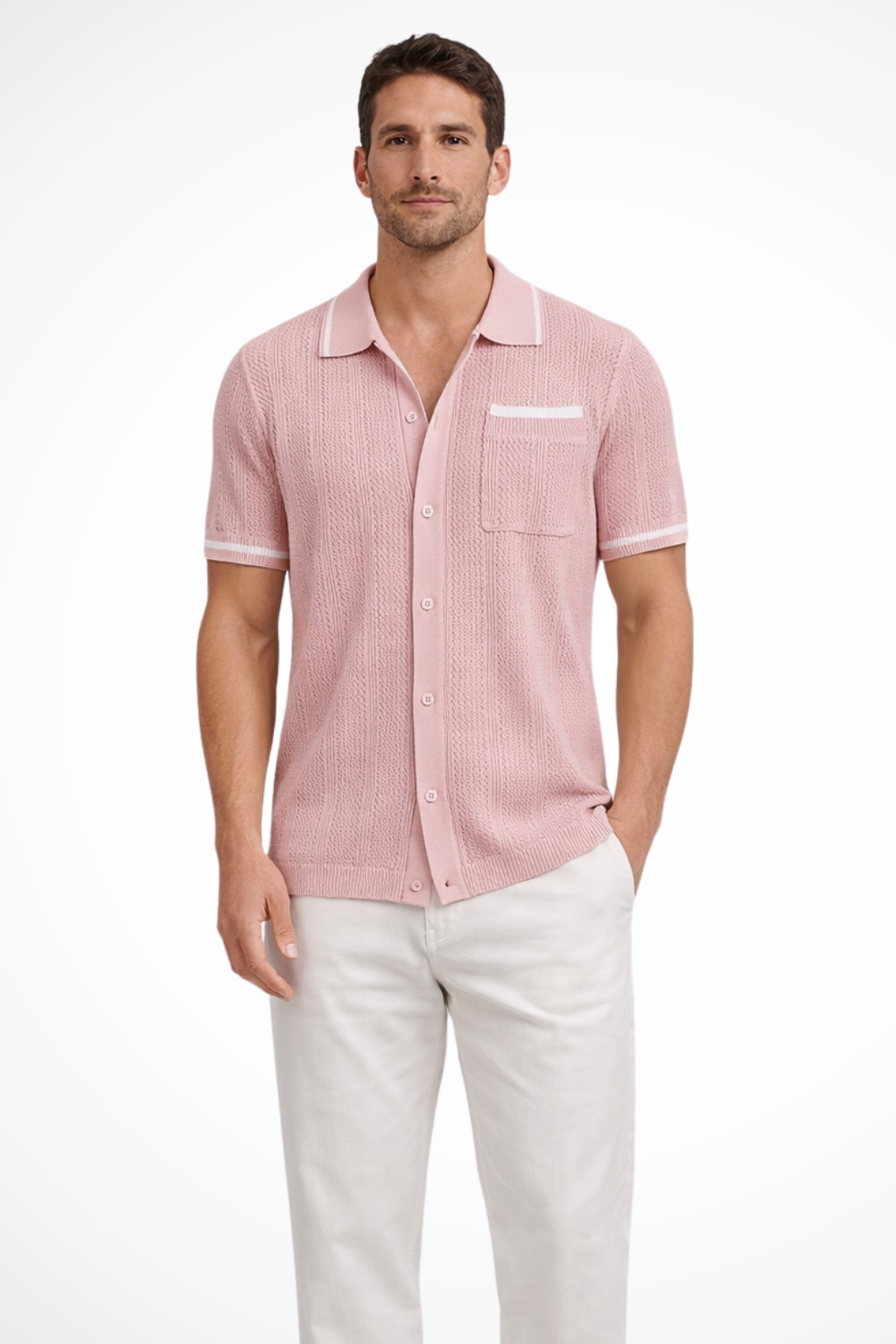 Casual men's summer shirt, short sleeve, featuring a camp collar and button front. Stylish everyday wear.