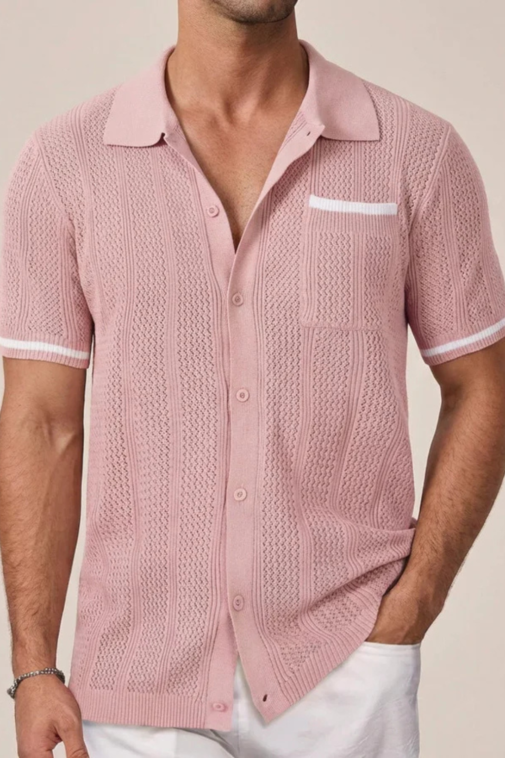 Men's short sleeve camp collar shirt with contrast trim, button front. Ideal for summer style.