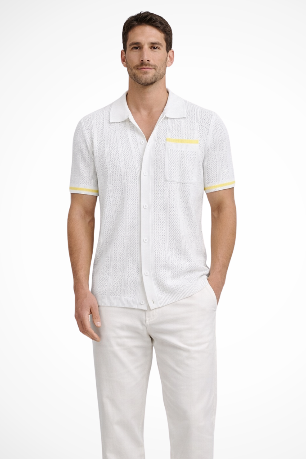 Men's textured short sleeve camp collar shirt with button front. Modern men's summer fashion.